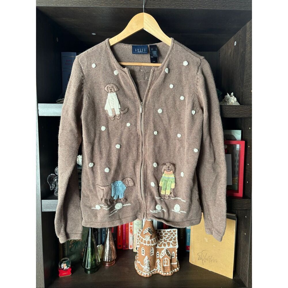 Vintage Crazy Horse Liz Claiborne Dog Embroidered Full Zip Sweater Small